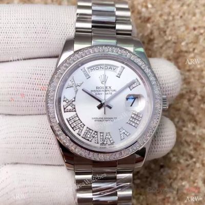 High Quality Copy Rolex Day-Date 40MM Watch MingZhu Movement  Silver Diamond Roman / Diamond Bezel